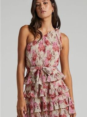 Showpo One-Shoulder Ruffle Tiered Dress in Pink and Cream
